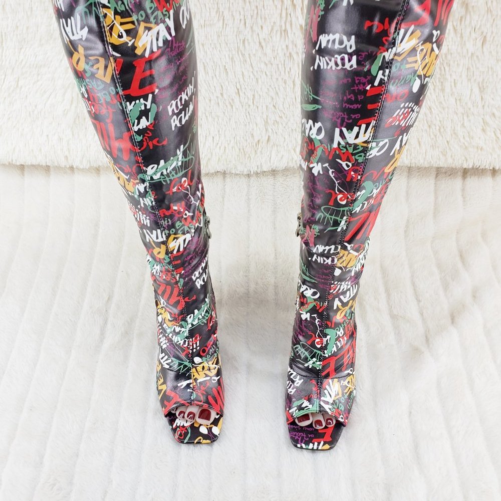 Zen Love Colorful Graffiti Print Over The Knee Boots With Wedge Heart heels - Picture 12 of 16